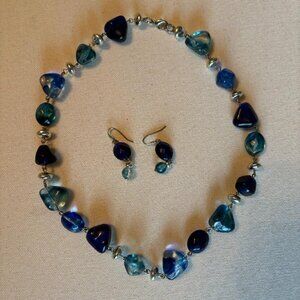Blue Glass Beaded Necklace and Earrings